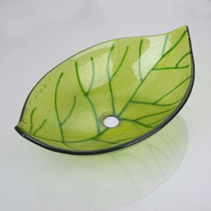 Green Leaf Bathroom Oval Glass Vessel Sink Wash Basin Waste Pop-up Drain No Tap - Picture 1 of 5