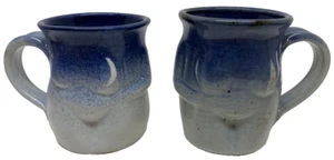 VTG Handcrafted Pottery Blue White Women Shaped Coffee Mugs 4" Signed '95 & '96 - Picture 1 of 14