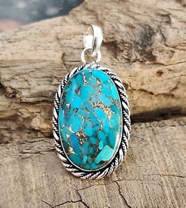 Blue Copper Turquoise Pendant 925 Sterling Silver Beautiful Jewelry MO462
