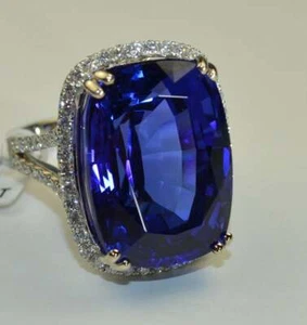 Sparkling Blue 40.23CT Cushion Tanzanite With Shiny White CZ Halo Beautiful Ring - Picture 1 of 6