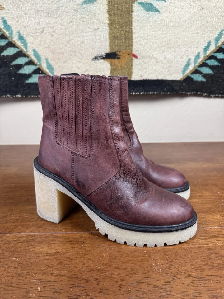 Botas Free People Tacón Grueso Cuero Borgoña Talla 39 Hechas en España  Foto 1 de 4