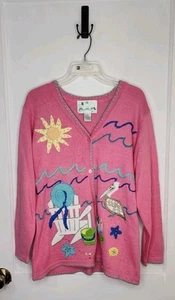 Quacker Factory Cardigan Vtg Sweater Beachy Ocean Appliques Size Medium Sequins - Picture 1 of 7