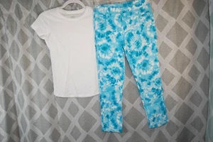 Girls Outfit WHITE S/S TEE SHIRT Turquoise Tie Dye Jeggings Pants L 12-14 - Picture 1 of 5