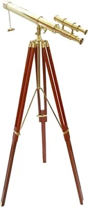 Double Barrel Brass Nautical High Magnification Telescope Adjustable W/Wooden - Picture 1 of 6