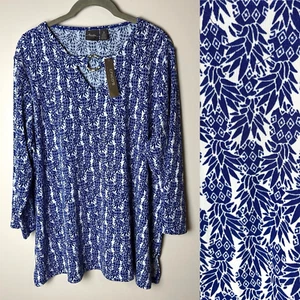NEW Chico's Travelers Top Size 3 (XL, 16) 3/4 Sleeves Pineapples Blue White - Picture 1 of 7