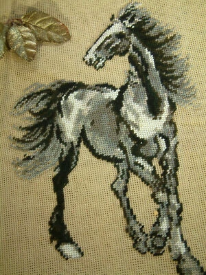 Artistic Black & White Vivid Horse Hand Crafted Needlepoint Canvas Preworked - Image 1 of 4