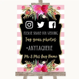 Gold & Pink Stripes Social Media Hashtag Photos Personalised Wedding Sign - Picture 1 of 8