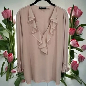 Karl Lagerfeld Taupe Roll Tab Sleeve Ruffle V-Neck Blouse Women’s Size L - Picture 1 of 11