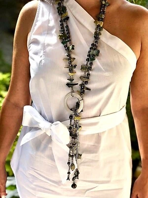 Collar de 2 hilos de jade hetiano, fetiche de jaspe Heishi, cuentas de vidrio y ley 32" Foto 1 de 4