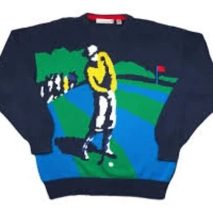 Vintage John Ashford Golf Big Image Golfing Knit Sweater Mens Large Blue Green - Picture 1 of 12