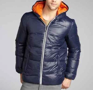 $250 New Buffalo Jeans lightweight nylon cropped down jacket coat Navy/Orange - Picture 1 of 2