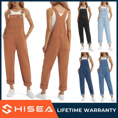Mono con tirantes de mezclilla para mujer HISEA antiarrugas carpintero pierna cónica peto jeans Foto 1 de 4