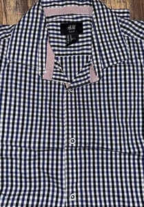 H&M Button Navy Check Dress Shirt Mens Size Med Easy Iron Slim Fit Long Sleeve - Picture 1 of 2