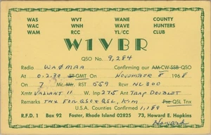 amateur ham radio QSL postcard W1VBR Howard E Hopkins 1968 Foster Rhode Island - Bild 1 von 1