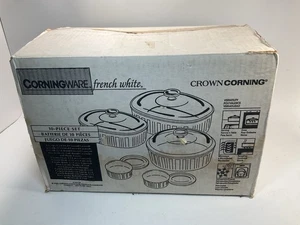 VINTAGE CORNINGWARE FRENCH WHITE 10 PIECE STONEWARE COOKWARE SET 1994 OPEN BOX - Picture 1 of 13