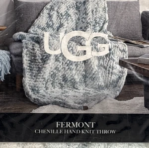 Manta de lujo UGG Fermont Chenille azul-gris y blanco ~ 50" × 70" ~ nueva con etiquetas - Imagen 1 de 12