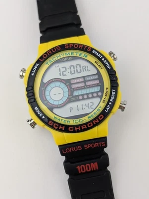 Vtg Lorus Sports Digital Watch 5CH Chrono Quartz 100m NOS W802-6010 Yellow Case - Image 1 of 4
