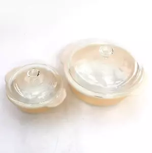 VTG Fire King Peach Lustre Luster Casserole Dishes Covered w Lids MCM Set of 2 - Picture 1 of 15