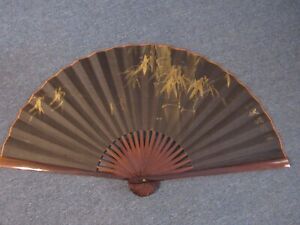 Vintage Large Hand Painted Dark Floral Oriental Asian Folding Wooden Wall Fan