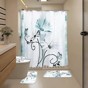 4Pcs Shower Curtain Bath Set Waterproof Toilet Lid Cover Floor Mat and 12 Hooks^ - Picture 1 of 12