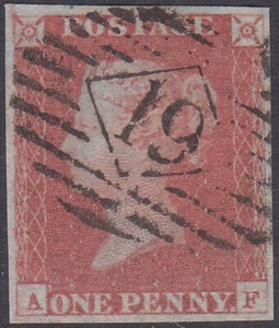 1841 SG8 1d RED BROWN PLATE 74 LONDON INLAND '19' CANCEL 4 MARGINS (AF) - Picture 1 of 2