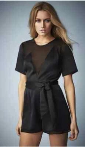 Topshop Kate Moss Black Satin Sheer Mesh Cut Out Belted Playsuit 10 BNWOT - Picture 1 of 4