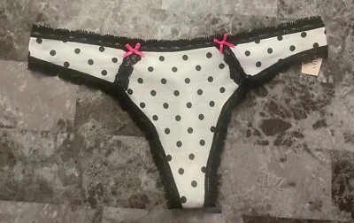 NWT VICTORIA'S SECRET S POLKA DOT LACE MODAL BLEND VINTAGE RARE THONG PANTIES - Image 1 of 3