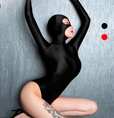 Mujeres Zentai Brillante Body 2 Cremallera Corte Alto Unitard Mono con Máscara Capucha Fiesta Foto 1 de 4