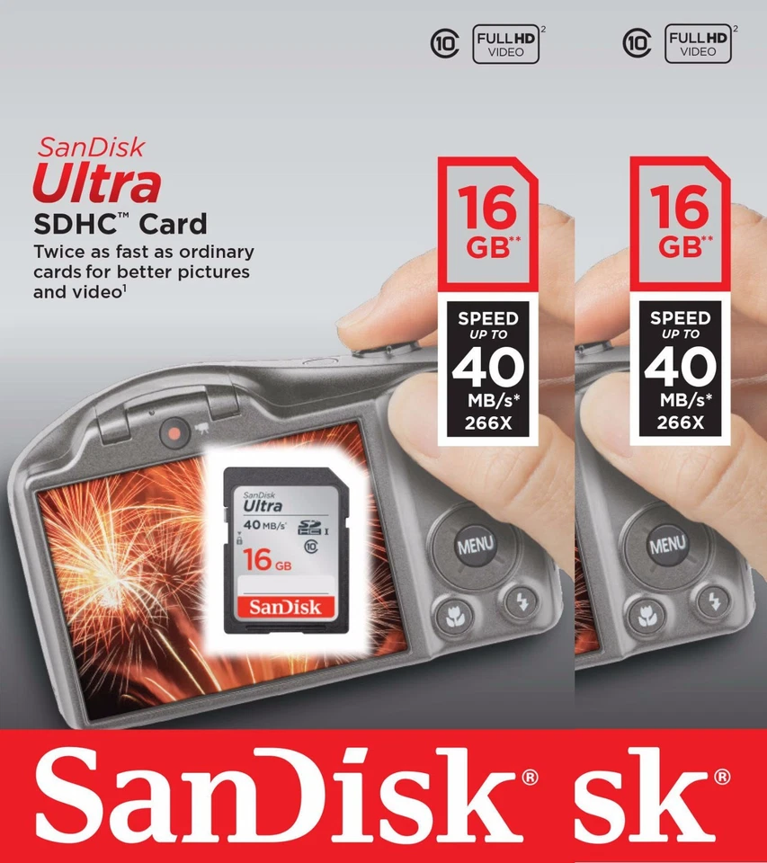 2 PACK SanDisk Ultra 16 GB (= 32GB ) SDHC SD Class 10 40MB/S 266X Card UHS-I HD - Image 1 of 1