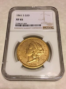 1861-S XF45 NGC Double Eagle $20 Liberty Gold Coin very nice appeal (no PCGS) - Picture 1 of 2