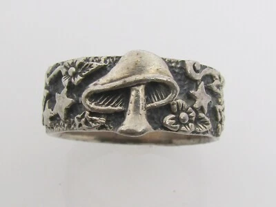 925 STERLING SILVER HIPPIE MUSHROOM FLOWERS & STARS BAND RING SIZE 9 ~ 7.2 G - Image 1 of 4