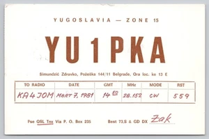 Ham Radio QSL YU1PKA Yugoslavia Belgrade Serbia Postcard - Picture 1 of 2
