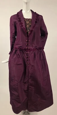 EDWARDIAN TEENS RED WINE SILK TAFFETA DRESS W CHENILLE EDGING + EMB FRONT  - Image 1 of 4