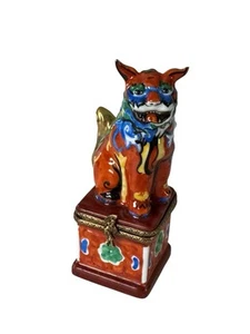 Rochard Limoges Chinese Protective Foo Dog Porcelain Peint Main Trinket Box - Picture 1 of 11