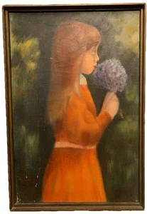 1968 MCM Signed Portrait HYDRANGEA GIRL Oil Painting Framed PRETTY! - Picture 1 of 12
