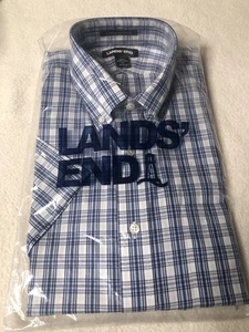 Lands End blau kariertes Button Down Kurzarm Hemd traditionelle Passform 15-1/2 neu - Bild 1 von 9