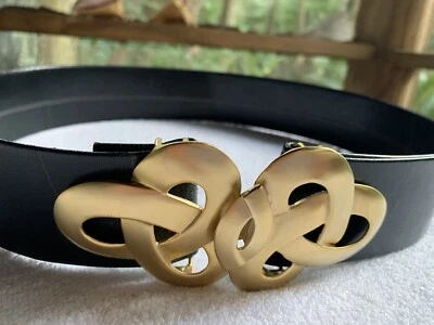 Vintage Corset Belt Women SZ Small Chunky Brass Knot Buckle Black Faux Leather - Image 1 of 4