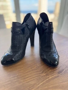 CHANEL Authentic Black Perforated Leather CC Cap Toe Ankle Booties Size 7.5/38 - Picture 1 of 5