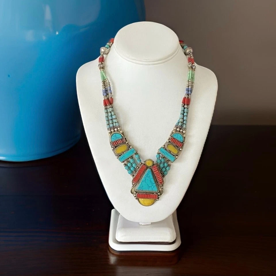 Nepal Tibetano Babero Collar Turquesa Nepal Étnico Coral Hecho a Mano Joyería Boho  Foto 1 de 4
