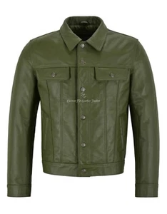 Men Trucker Leather Jacket Olive Classic Cowhide Leather Shirt Style Jacket 1280 - Picture 1 of 8