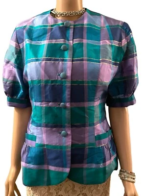 Vintage 80s Silk Jacket Tartan Plaid Dressy Retro New Wave Puff Sleeve Size M — 第 1/4 张图片