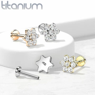 Implant Grade titanium Internally Threaded 6 CZ Flower Lip Labret Monroe Stud  - Image 1 of 2