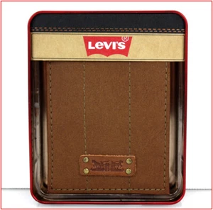 Levis Men's Bifold TRAVELER LEATHER Wallet Logo Plate - ID 6 Slots BROWN 🌟NEW🌟 - Picture 1 of 8