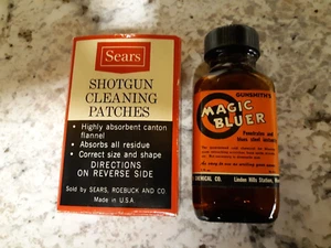 Vintage Sears & Roebuck Full Shotgun Cleaning Patches Box and Magic Bluer Bottle - Picture 1 of 4