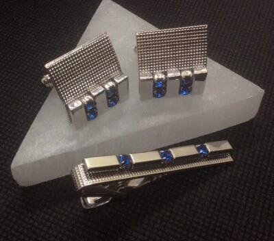 Vintage Speidel Silver Tone Textured Cufflinks & Tie Bar Blue Rhinestones - Image 1 of 4