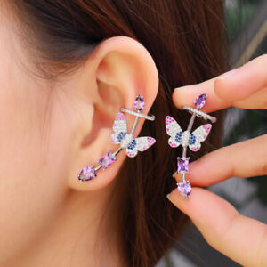 Symmetrical Purple CZ Butterfly Ear Cuff Climber Stud Earrings for Women Ladies 