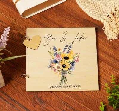 Libro de invitados de boda de madera personalizado con girasoles PR-LW-4 Foto 1 de 3