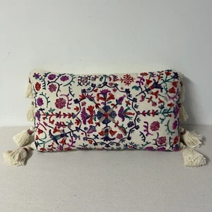 Anthropologie Throw Pillow Multicolor Wool Embroidery Cotton Fabric Tassels Boho - Picture 1 of 12