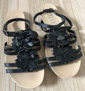 Women’s OFFICE Girl black leather strappy flat sandals with floral trim Sz 5 UK - Picture 1 of 12