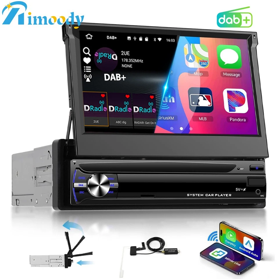 DAB+ 2+64G 1 DIN 7 Zoll Flip Out Android 15 Carplay Autoradio GPS Navi WIFI BT - Bild 1 von 4